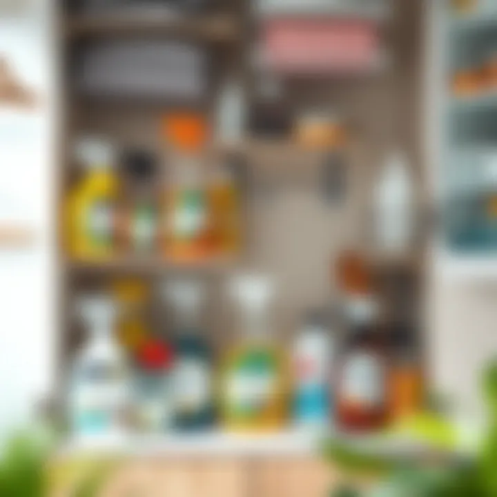 Cleaning Essentials for Odor Management A well-organized cleaning cabinet with various odor-fighting products