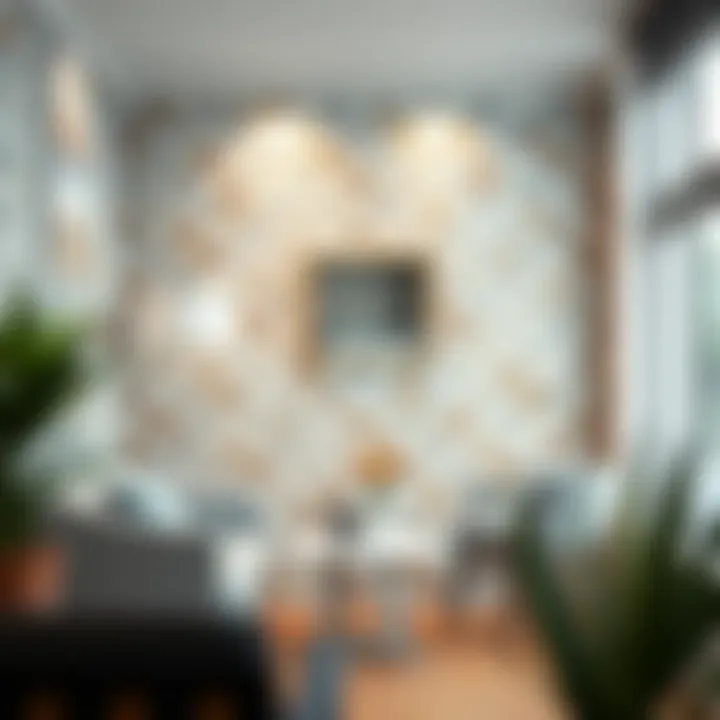 Stylish interior featuring wallpaper on tiled wall