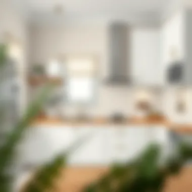 Minimalist kitchen design with subtle patterned wallpaper