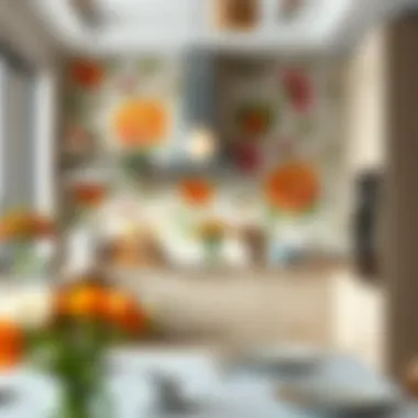 Modern kitchen featuring vibrant floral wallpaper
