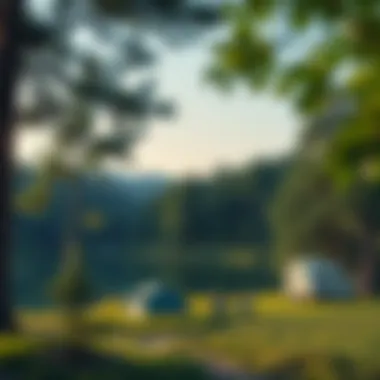 A serene campsite surrounded by lush trees and a tranquil lake