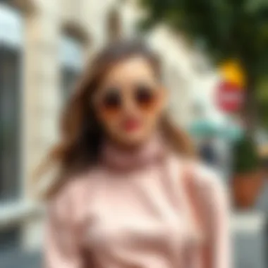 Fashion ensemble featuring open mauve accents