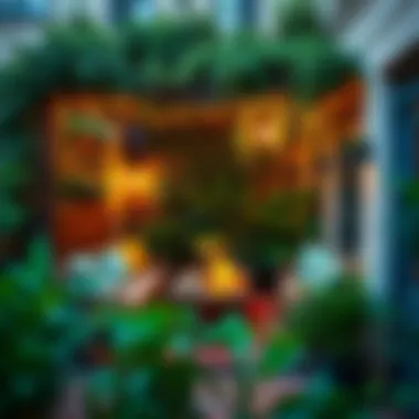 Cozy outdoor seating area surrounded by greenery and plants