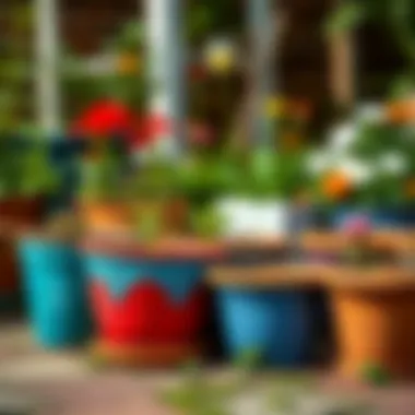 Vibrant Painted Plant Pots in the Garden Brightly painted plant pots arranged in a garden