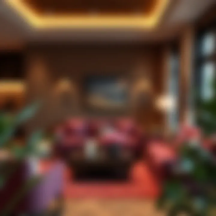 Inviting Lounge Space with Plum Seating Inviting lounge space characterized by plum seating and warm lighting