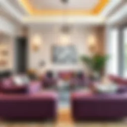 Elegant living room featuring plum-colored sofas and complementary decor