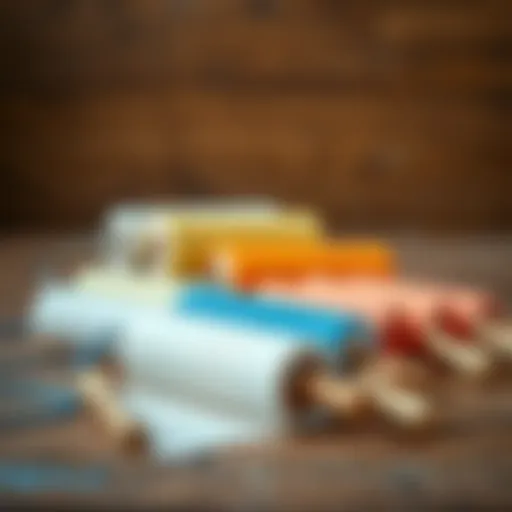 A variety of paint rollers resting on a wooden surface