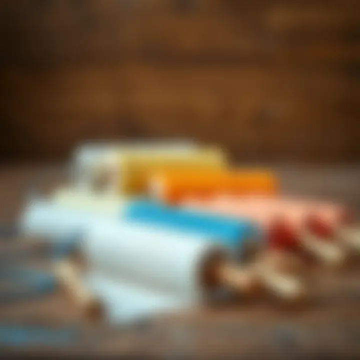 A variety of paint rollers resting on a wooden surface