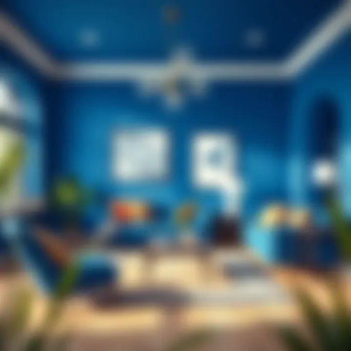 A vibrant living space showcasing cobalt blue decor with complementary colors