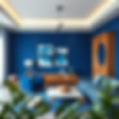 A contemporary design trend display highlighting the use of cobalt blue and gray in modern art and furniture.