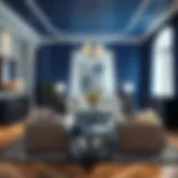 A stunning interior design showcasing the harmony of cobalt blue and gray tones with elegant furnishings.