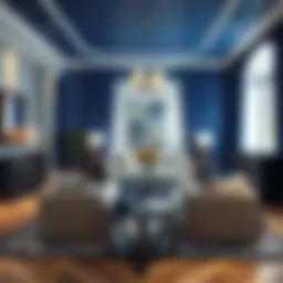 A stunning interior design showcasing the harmony of cobalt blue and gray tones with elegant furnishings.