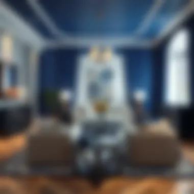 A stunning interior design showcasing the harmony of cobalt blue and gray tones with elegant furnishings.