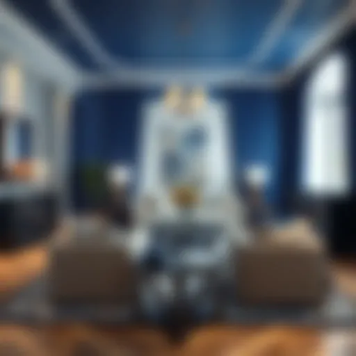 A stunning interior design showcasing the harmony of cobalt blue and gray tones with elegant furnishings.