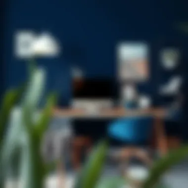 A creative workspace featuring cobalt blue and gray color combinations in decor and accessories.