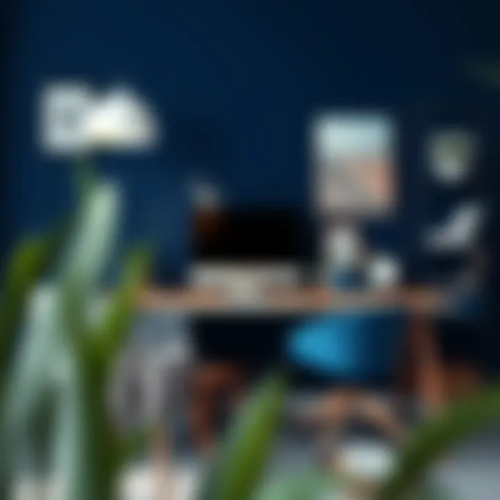 A creative workspace featuring cobalt blue and gray color combinations in decor and accessories.