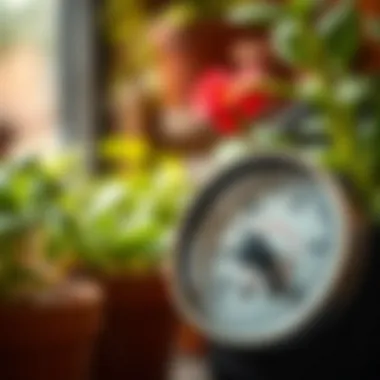 Temperature gauge next to potted plants indicating warmth
