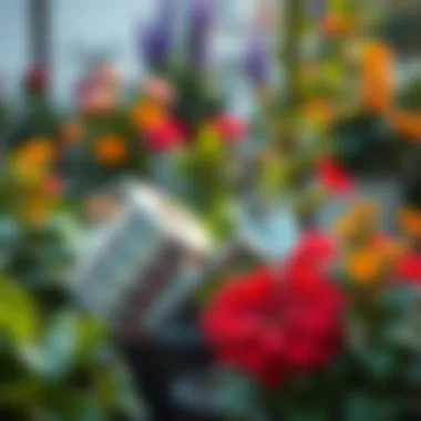 A watering can watering a lush potted flower