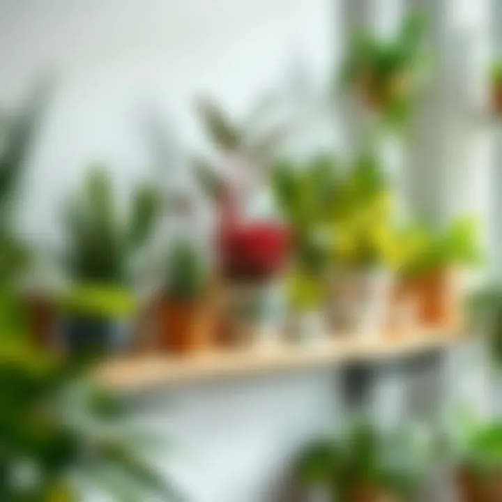 A vibrant collection of indoor plants arranged beautifully on a shelf