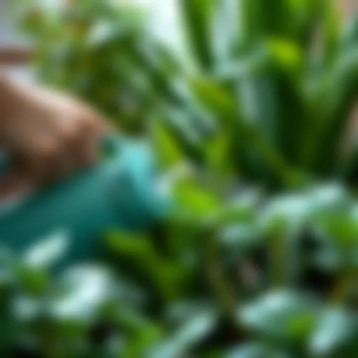Close-up of hands watering a lush green plant with a watering can