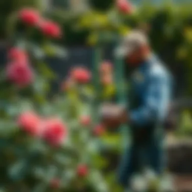 Gardener Tending to Rose Bush A gardener carefully tending to a thriving rose bush