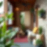 A cozy small balcony with stylish furniture and potted plants