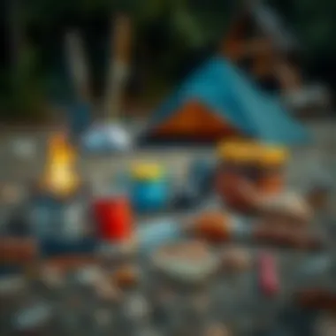 Essential camping gear laid out on the ground