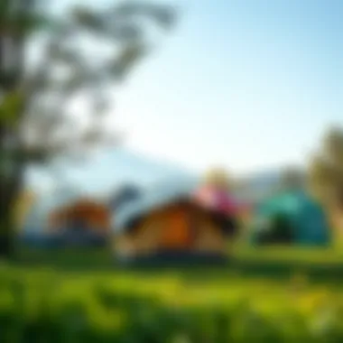 A variety of tent designs showcasing different styles and colors in a scenic outdoor setting.