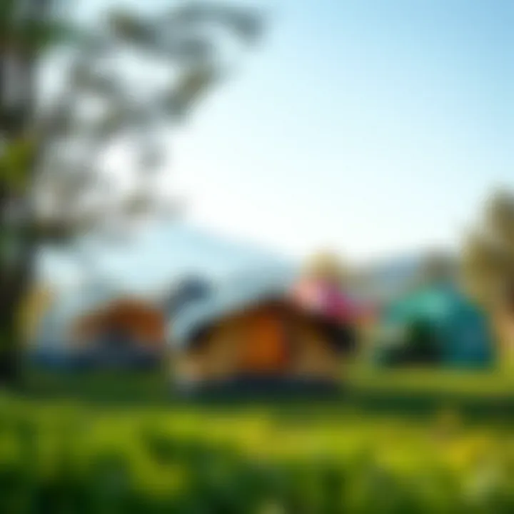 A variety of tent designs showcasing different styles and colors in a scenic outdoor setting.