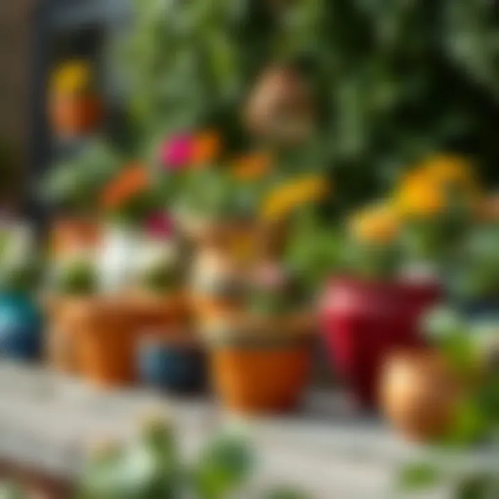 Various styles of Tesbih flower pots in a garden setting