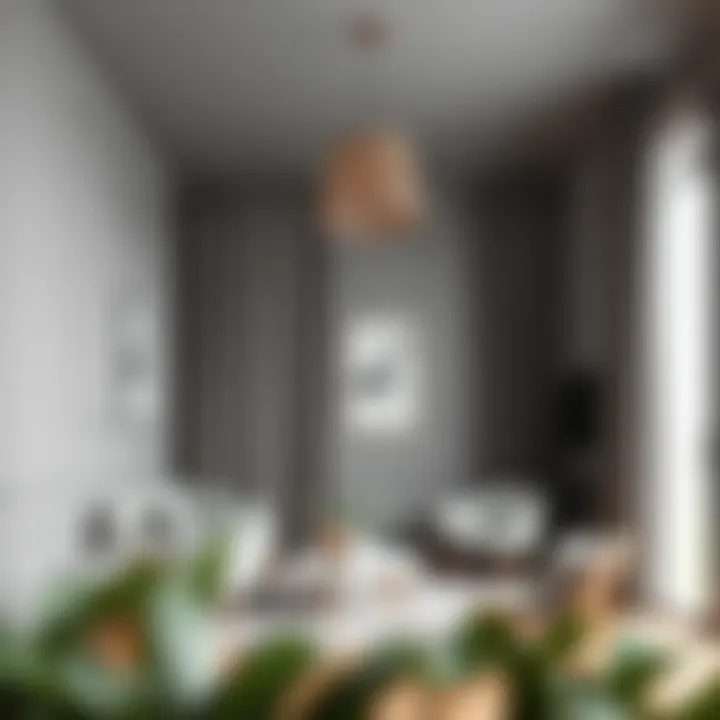 Trendy interior design with gray walls and curtains