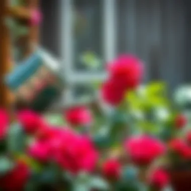 Nurturing Potted Roses Watering can nurturing a potted rose