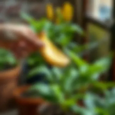 Demonstration of watering plants with banana peel water