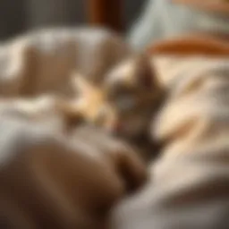 Calm sleeping kitten in a cozy bed