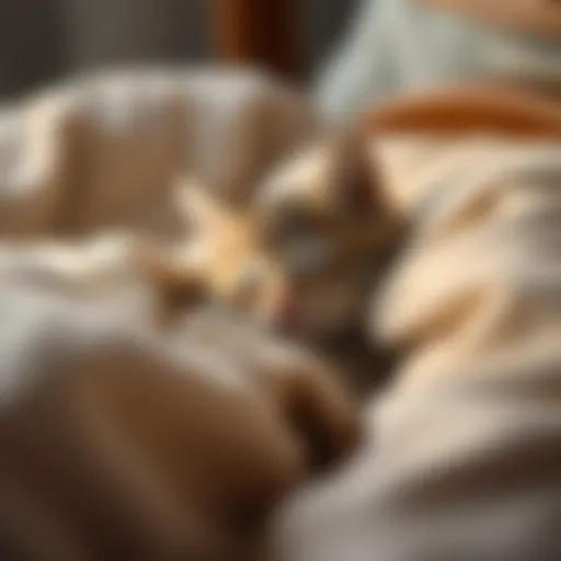 Calm sleeping kitten in a cozy bed