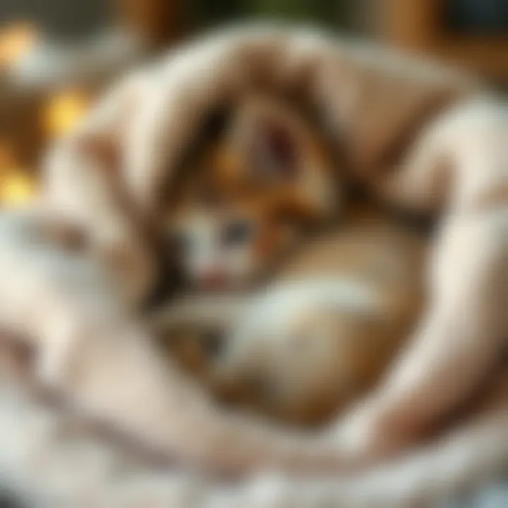 Kitten curled up in a blanket