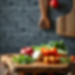 Elegant wooden cutting board with fresh vegetables